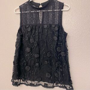 Adiva Black Lace Blouse semi sheer embroidered floral 3D fairygoth L